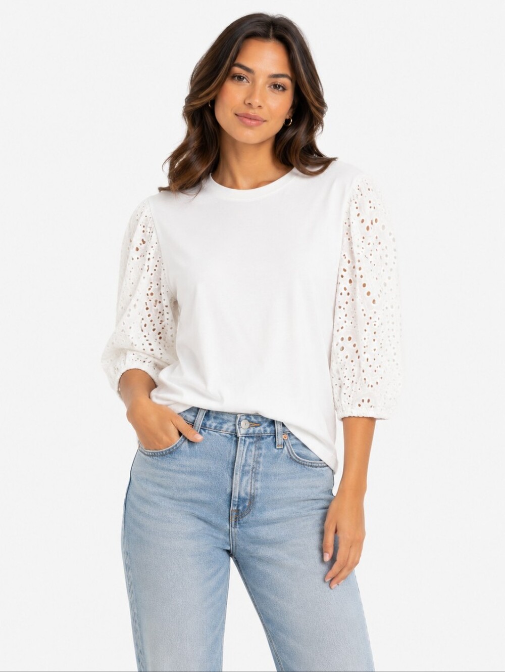 Reitmans White Eyelet Puff Sleeve Long Sleeve Tee